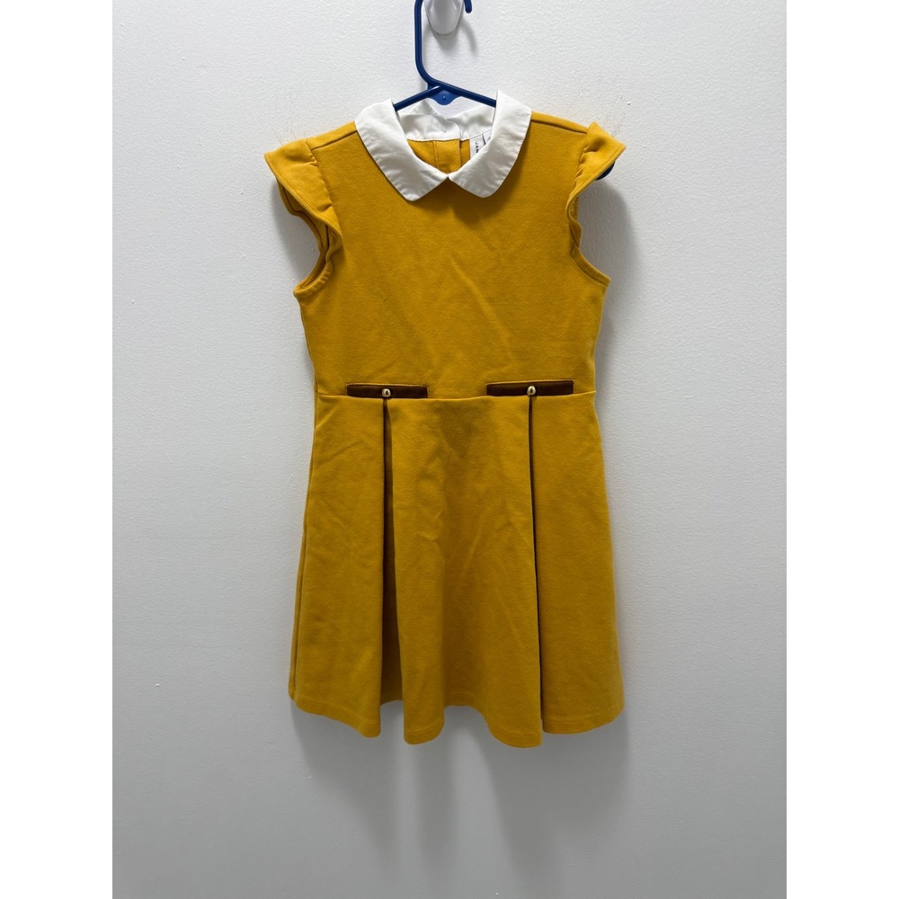 Janie and Jack Girls Mustard Yellow Peter Pan Collar Ponte Ruffle Dress Size 6